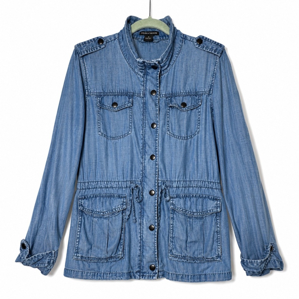 Chelsea & Theodore Tencel Utility Jacket Blue Drawstring Military Safari M